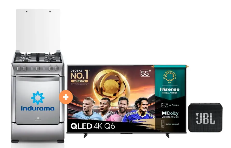 COCINA INDURAMA 24" 4H GRANADA CON CONEXION + TELEVISOR HISENSE QLED 55" UHD SMART TV 55Q6QV VIDDA MODELO 2025 + Parlante JBL GO Essential Black - 4506407 - 2