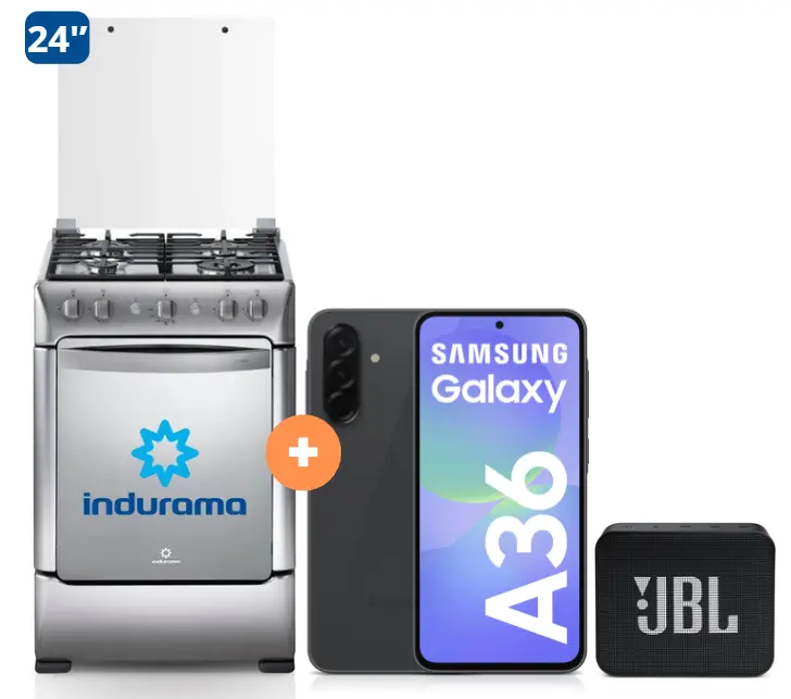 COCINA INDURAMA 24" 4 HORNILLAS GRANADA CON  CONEXIÓN + CELULAR SAMSUNG GALAXY A36 NEGRO DE 128 GB 6GB RAM + Parlante JBL GO Essential Black - 4506407 - 4
