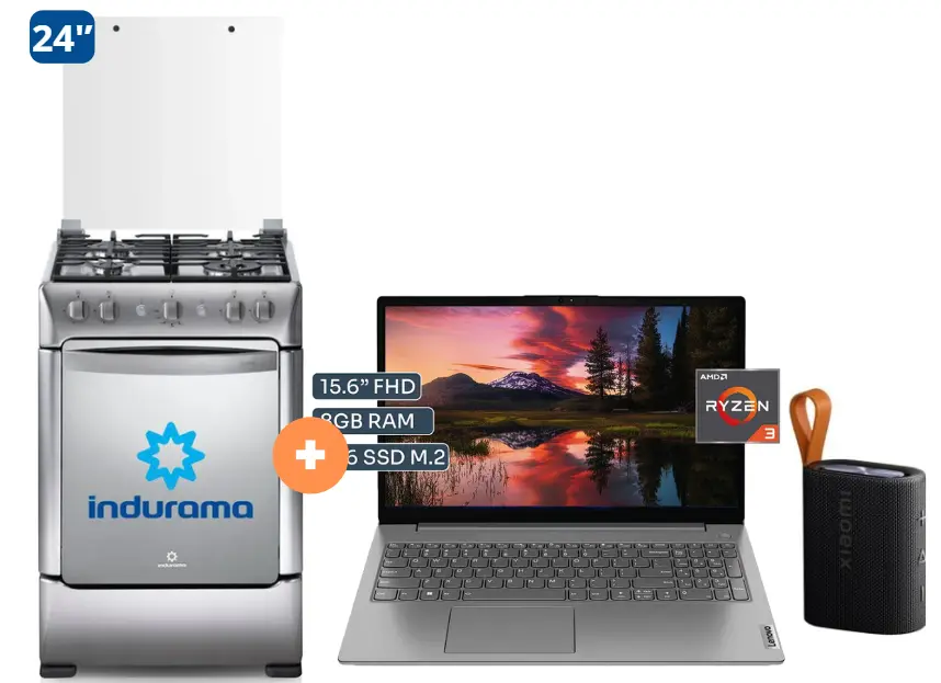 COCINA INDURAMA 24" 4H GRANADA + CONEXIÓN + LAPTOP LENOVO V15 G4 AMN 15.6" FHD, AMD RYZEN 3-7320U, 8GB, 256 GB SSD Windows 11 Gris + PARLANTE  XIAOMI SOUND POCKET 5 W BT 5.4 NEGRO. - 4506407 - 5