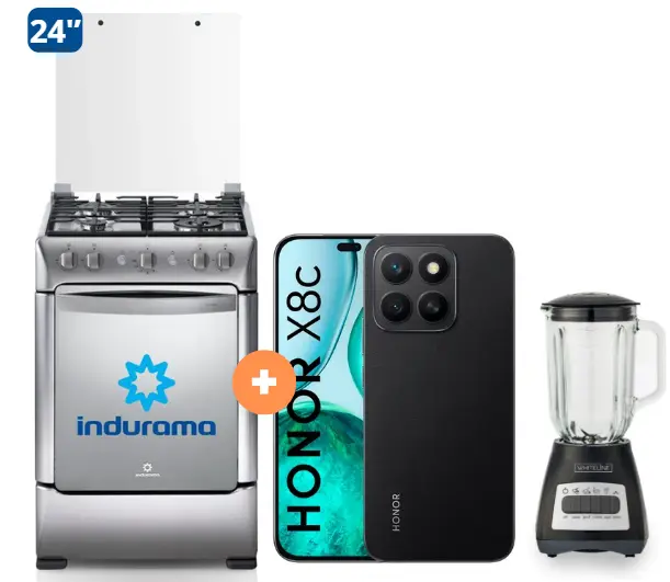 COCINA INDURAMA 24" 4 HORNILLAS GRANADA CON CONEXIÓN + CELULAR HONOR X8C 6.77" 256GB 8GB RAM NEGRO/VERDE  +  LICUADORA WHITELINE 1.5 LTS 400W VASO VIDRIO- 4506401 - 1