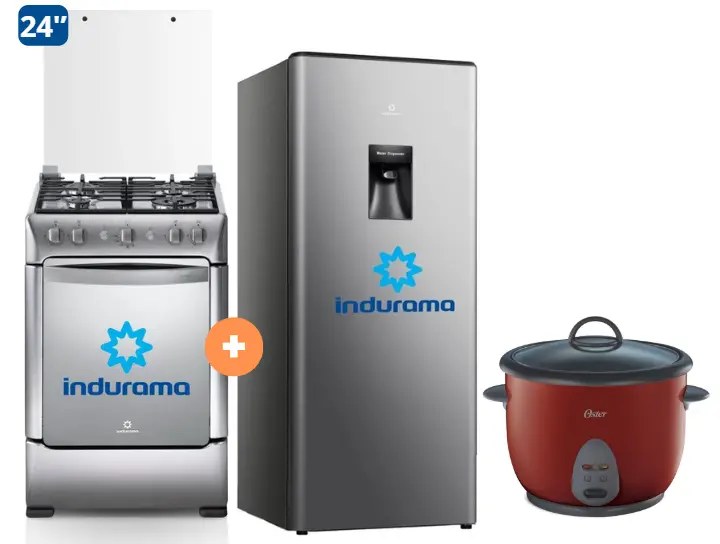 COCINA INDURAMA 24" 4 HORNILLAS GRANADA CON CONEXIÓN + Refrigeradora Indurama RI289D 176 lts + Olla arrocera Oster 1.8 Lts - 4506402 - 9 