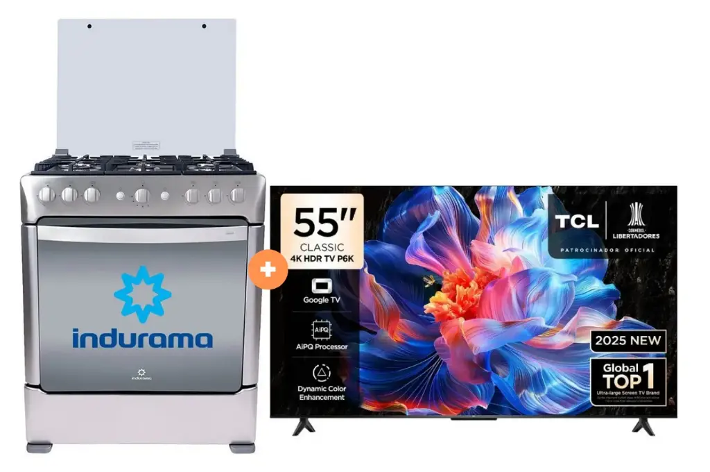 COCINA INDURAMA 30" 6 HORNILLAS PARMA CON CONEXIÓN + TELEVISOR TCL LED 55" UHD 4K Smart TV GOOGLE TV 55P6K MODELO 2025- 4506413 - 2