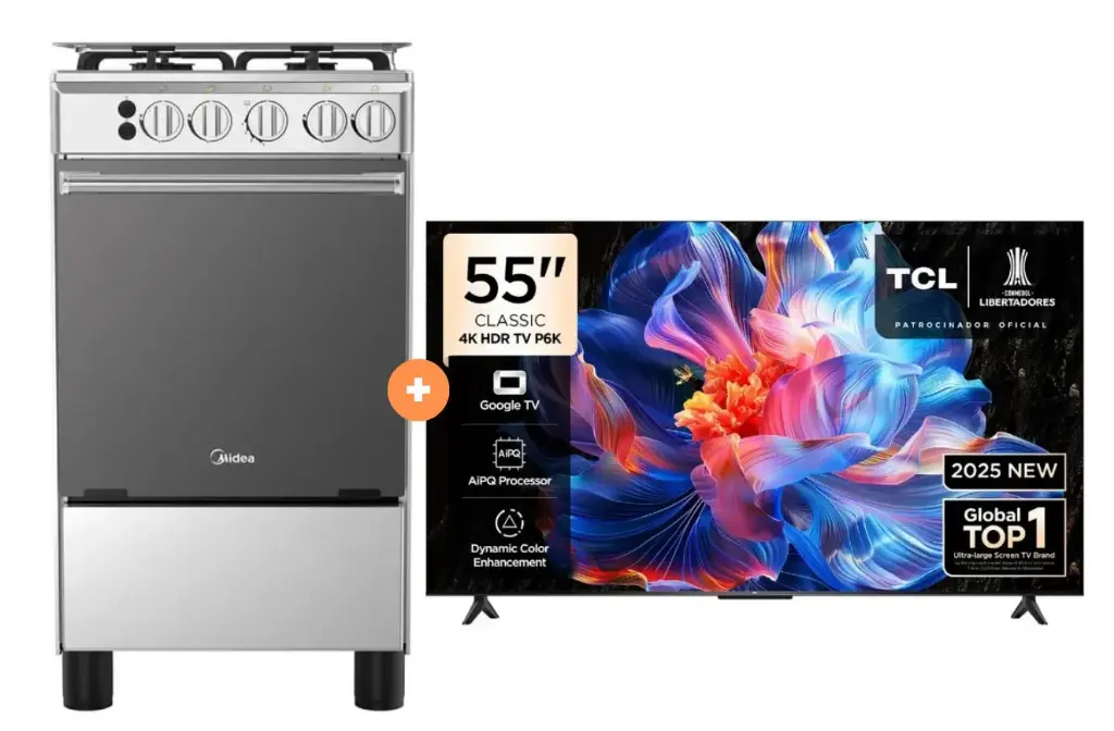COCINA MIDEA 20" MGS20 4 HORNILLAS HIERRO CON CONEXIÓN + TELEVISOR TCL LED 55" UHD 4K Smart TV GOOGLE TV 55P6K MODELO 2025 - 4507097 - 2