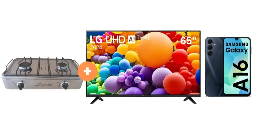 COCINA "SUPERIOR" DE MESA 2 HORNILLAS, ACERO BRILLANTE,POTENCIA 1.95KW x 2 CON CONEXIÓN + TELEVISOR LG 65 4K SMART TV UHD 65UT7300 CON MAGIC CONTROL + CELULAR SAMSUNG GALAXY A16 6.7"  4GB RAM 128GB Negro. - 4507367 - 2