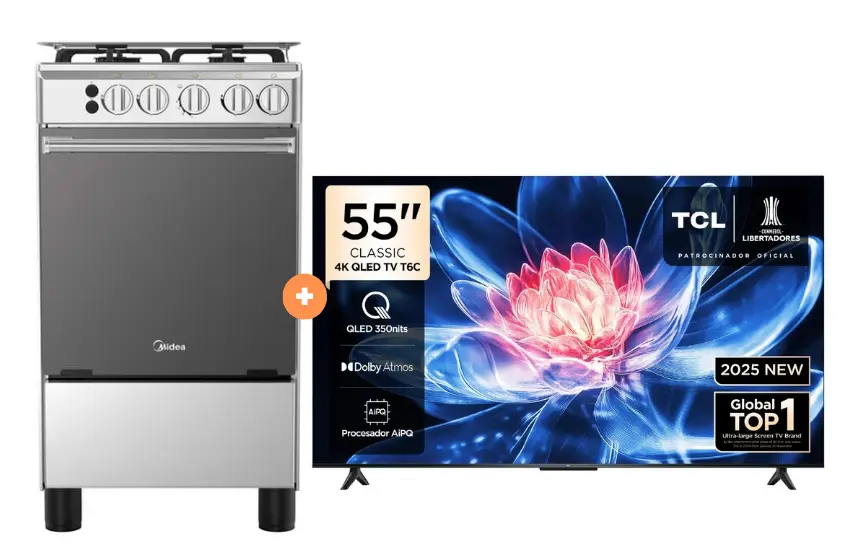COCINA MIDEA 20" MGS20 4 HORNILLAS DE HIERRO Con Conexión Gratis + TELEVISOR TCL QLED 55" UHD 4K Smart TV GOOGLE TV 55T6C MODELO 2025 - 4507098 - 3