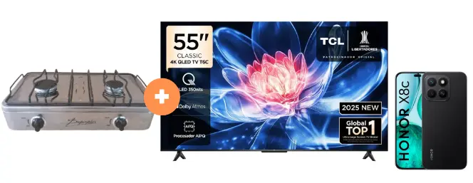 COCINA "SUPERIOR" DE MESA 2 HORNILLAS, ACERO BRILLANTE,POTENCIA 1.95KW x 2 CON CONEXIÓN + TELEVISOR TCL QLED 55" UHD 4K Smart TV GOOGLE TV 55T6C MOD. 2025 + CELULAR HONOR X8C 6.77" 256GB 8GB RAM NEGRO/VERDE.  - 4507367 - 4