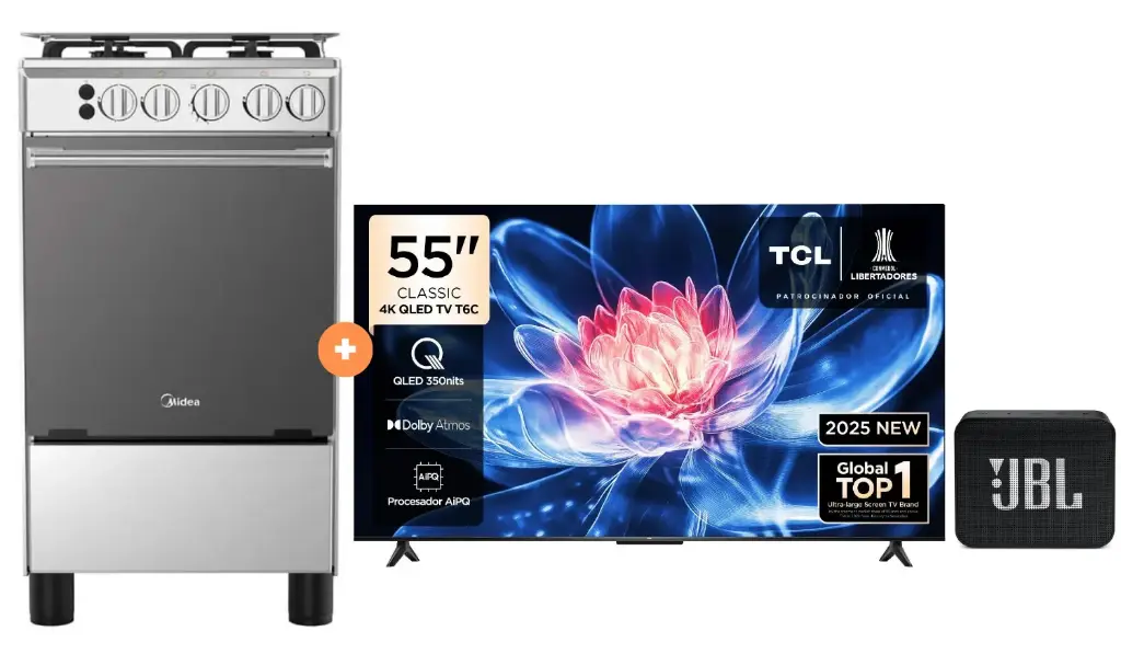 COCINA MIDEA 20" MGS20 4 HORNILLAS HIERRO  CON CONEXIÓN + TELEVISOR TCL QLED 55" UHD 4K Smart TV GOOGLE TV 55T6C MODELO 2025 + Parlante JBL GO Essential Black  - 4507283 - 4