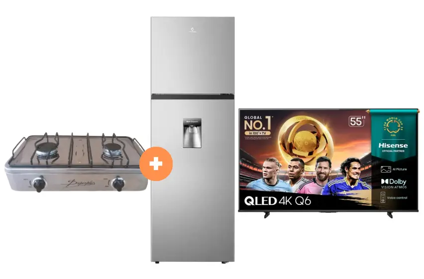 COCINA "SUPERIOR" DE MESA  2 HORNILLAS, ACERO BRILLANTE,POTENCIA 1.95KW x 2 CON CONEXIÓN GRATIS + TELEVISOR HISENSE QLED 55" UHD SMART TV 55Q6QV VIDDA MODELO 2025 + REFRIGERADORA INDURAMA  246 lts INVERTER C/ DISPENSADOR CROMA RI-389DI.- 4508044 - 3