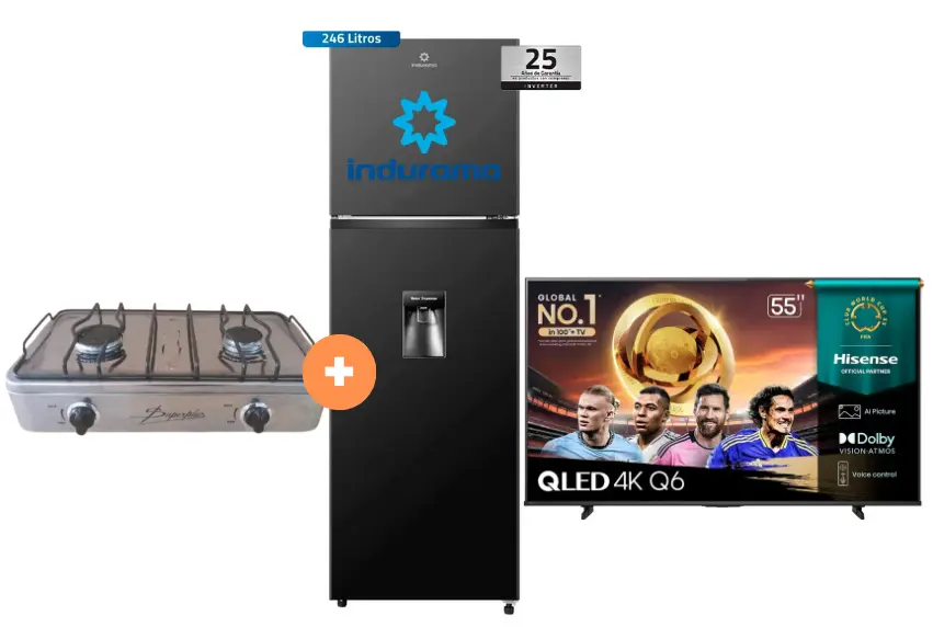 COCINA "SUPERIOR" DE MESA  2 HORNILLAS, ACERO BRILLANTE,POTENCIA 1.95KW x 2 CON CONEXIÓN GRATIS + TELEVISOR HISENSE QLED 55" UHD SMART TV 55Q6QV VIDDA MODELO 2025  + REFRIGERADORA INDURAMA  246 lts INVERTER C/ DISPENSADOR NEGRA RI-389DNI.- 4508044 - 4