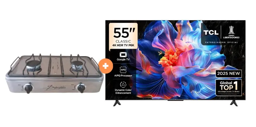 COCINA "SUPERIOR" DE MESA  2 HORNILLAS, ACERO BRILLANTE,POTENCIA 1.95KW x 2 CON CONEXIÓN GRATIS + TELEVISOR TCL LED 55" UHD 4K Smart TV GOOGLE TV 55P6K MOD. 2025. - 4508843