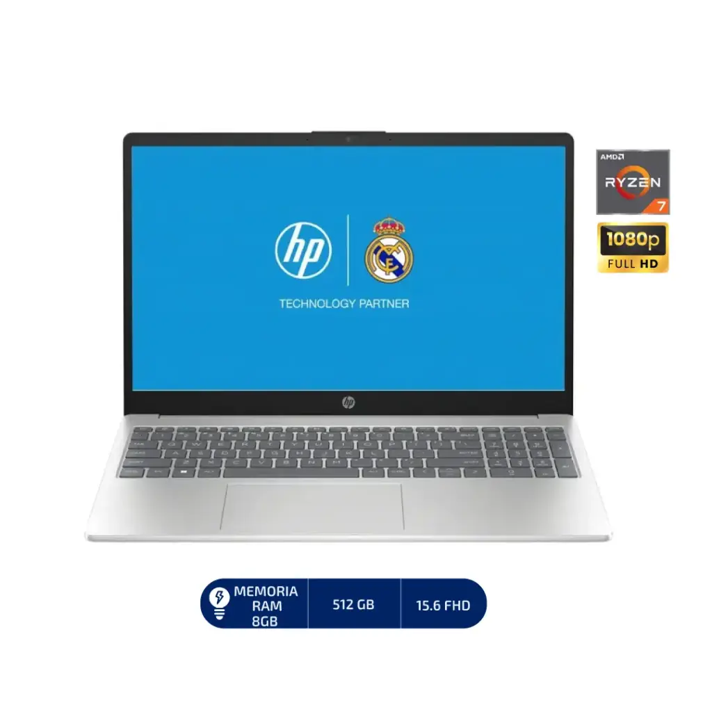LAPTOP HP NOTEBOOK AMD  RYZEN 5-7520U; 8gb-on/; 512gb ssd 15.6"hd; Windows 11 home, color: Plateado natural 15-FC0079LA