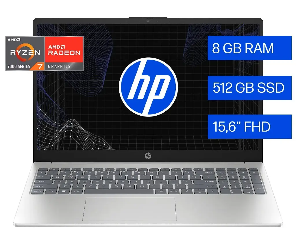 LAPTOP HP AI 15-FC0287LA AMD RYZEN 7 7730U  8GB DDR4, 512 GB SSD, 15.6" FHD  (250 NITS) , Windows11, Color plata natural