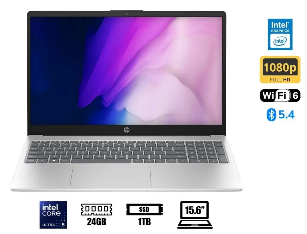LAPTOP HP AI 15-FD2355LA INTEL CORE ULTRA 5 225U , 24GB DDR5, 1 TB SSD, 15.6" FHD IPS (250 NITS) , Windows11, Color plata natural