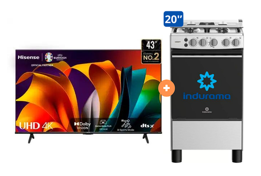 COCINA INDURAMA 20" 4 HORNILLAS CASSAT CON CONEXIÓN + Televisor HISENSE 43" Smart 43A6N 4K UHD Vidaa - 4507077-1