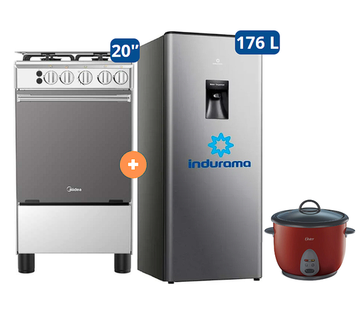 COCINA MIDEA 20" MGS20 4 HORNILLAS HIERRO CON CONEXIÓN + REFRIGERADORA INDURAMA RI-289D 176 LTS + OLLA ARROCERA OSTER 1.8 LTS - 4507097-9