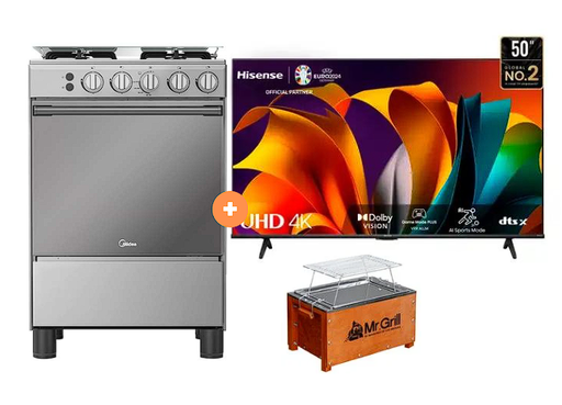 COCINA MIDEA 24" MGS24 4 HORNILLAS HIERRO  CON CONEXIÓN + Televisor HISENSE 50" Smart  50A6N 4K UHD Vidaa + Caja China Mr Grill mini 5 Nogal + parrilla niquelada dimensiones 40x25x25  - 4507183-2