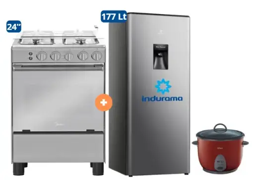 COCINA MIDEA 24" MGS24 4 HORNILLAS HIERRO CON CONEXIÓN + REFRIGERADORA INDURAMA 177 Lt RI-289D Croma+ OLLA ARROCERA OSTER 1.8 LTS - 4507184-4