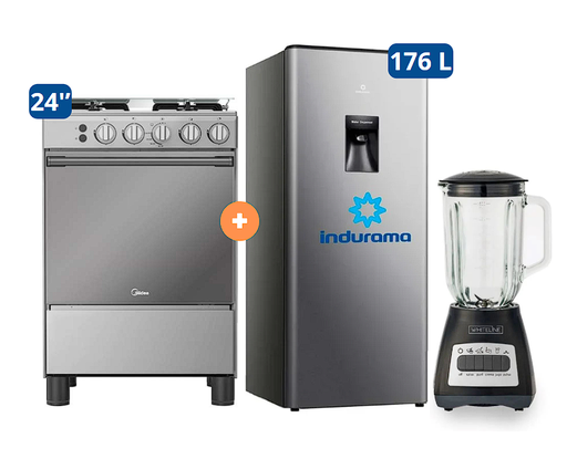 COCINA MIDEA 24" MGS24 4 HORNILLAS HIERRO CON CONEXIÓN + REFRIGERADORA INDURAMA RI-289 176 LTS + LICUADORA WHITELINE 1.5 LTS 400W VASO VIDRIO - 4507184-4