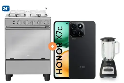 COCINA MIDEA 24" MGS24 4 HORNILLAS HIERRO CON CONEXIÓN + CELULAR HONOR X7C 6.7" 256GB 8GB RAM COLOR MIDNIGHT BLACK +  LICUADORA WHITELINE 1.5 LTS 400W VASO VIDRIO - 4507184 - 6
