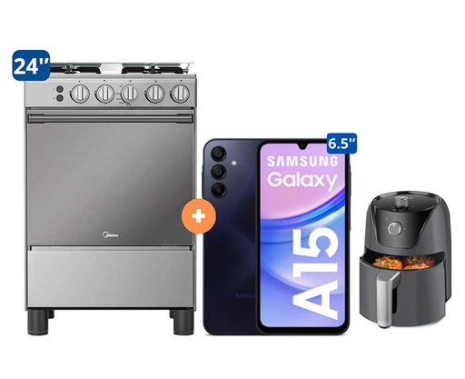 COCINA MIDEA 24" MGS24 4 HORNILLAS HIERRO CON CONEXIÓN + CELULAR SAMSUNG A15 8GB 256 GB + FREIDORA DE AIRE OSTER 1.8 LTS - 4507184-6