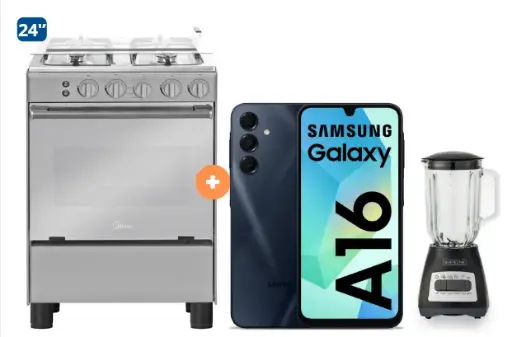 COCINA MIDEA 24" MGS24 4 HORNILLAS HIERRO CON CONEXION+ CELULAR SAMSUNG A16 4gb, 128 GB +  LICUADORA WHITELINE 1.5 LTS 400W VASO VIDRIO - 4507184-7