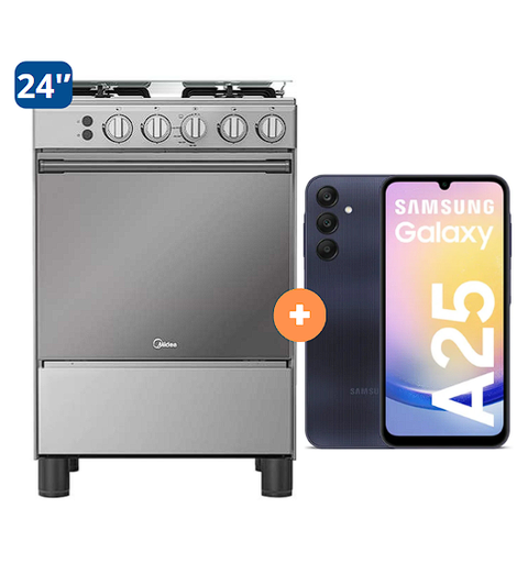 COCINA MIDEA 24" MGS24 4 HORNILLAS HIERRO CON CONEXION+ CELULAR SAMSUNG GALAXY A25 NEGRO DE 128 GB 6GB RAM - 4507184-7