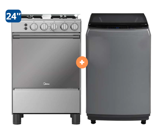 COCINA MIDEA 24" MGS24 4 HORNILLAS HIERRO CON CONEXIÓN + LAVADORA MIDEA 10KG SILVER MA200W - 4507185-1