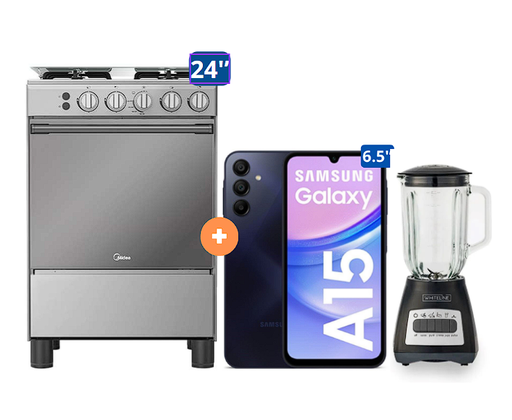 COCINA MIDEA 24" MGS24 4 HORNILLAS HIERRO CON CONEXIÓN + Celular Samsung Galaxy A15 Negro de 256 GB 8 GB RAM +  LICUADORA WHITELINE 1.5 LTS 400W VASO VIDRIO - 4507185-3