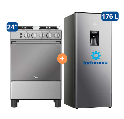 COCINA MIDEA 24" MGS24 4 HORNILLAS HIERRO CON CONEXIÓN + REFRIGERADORA INDURAMA RI-289 176 LTS - 4507185-5