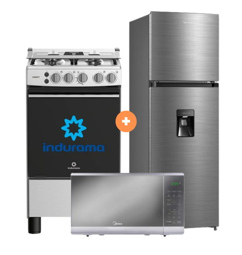 COCINA INDURAMA 20" 4 HORNILLAS CASSAT CON CONEXIÓN + Refrigeradora MIDEA MDRT385MTR46P 266Lt No frost 2 Pts Silver c/dispenser +Microondas MIDEA 20 Lts - C0219