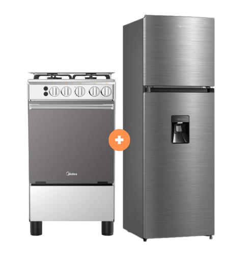 COCINA MIDEA 20" MGS20 4 HORNILLAS HIERRO CON CONEXIÓN + Refrigeradora MIDEA MDRT385MTR46P 263Lt No frost 2 Pts Silver c/dispenser - C0410 