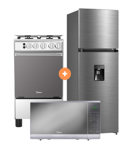 COCINA MIDEA 20" MGS20 4 HORNILLAS HIERRO CON CONEXIÓN + Refrigeradora MIDEA MDRT385MTR46P 263Lt No frost 2 Pts Silver c/dispenser +Microondas MIDEA 20 Lts - C0411 