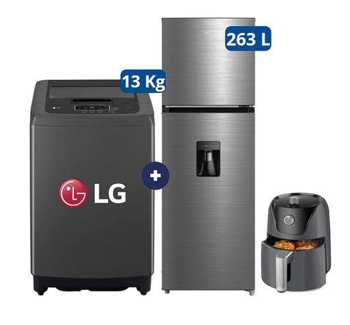 LAVADORA 13 KG Carga superior Smart Inverter Middle Black WT13BPBK Mod 2024 + Refrigeradora MIDEA MDRT385MTR46P 263Lt No frost 2 Pts Silver c/dispenser +  Freidora de aire Oster 1.8 Lts Negra - C0583