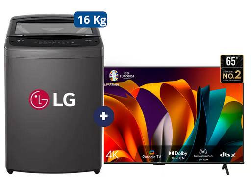 LAVADORA 16 KG Carga superior Smart Inverter Middle Black WT16BVTB Mod 2024 + Televisor HISENSE 65" UHD 4K Smart 65A6N Vidaa - C0621