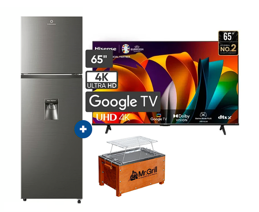 Refrigeradora Indurama 246Lts. Ri-389DI motor Inverter c/dispenser Croma + Televisor HISENSE 65" UHD 4K Smart 65A6NA GOOGLE TV VOICE CONTROL  + Caja China Mr Grill mini 5 Nogal + parrilla niquelada - C0671