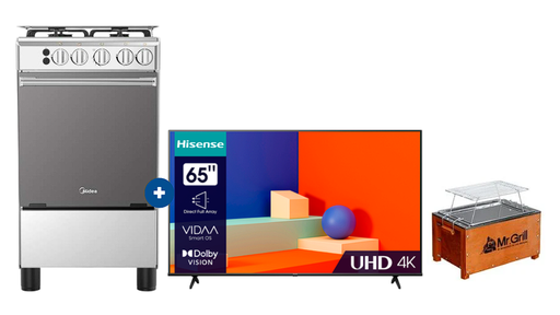 COCINA MIDEA 20" MGS20 4 HORNILLAS HIERRO  CON CONEXIÓN + Televisor HISENSE 65" Smart  65A6K 4K UHD Vidaa + Caja China Mr Grill mini 5 Nogal + parrilla niquelada