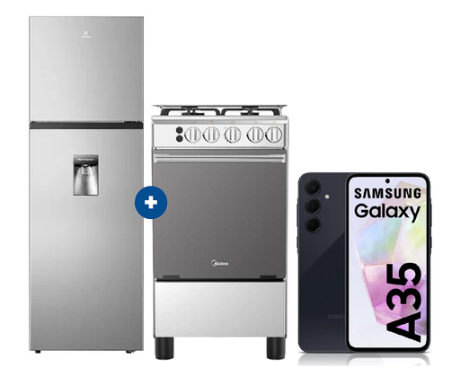 COCINA MIDEA 20" MGS20 4 HORNILLAS HIERRO Con Conexión + Refrigeradora INDURAMA RI-389DI  246 lts INVERTER CON DISPENSADOR Croma + CELULAR SAMSUNG GALAXY A35 NEGRO DE 128 GB 6GB RAM 