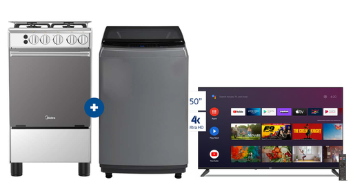 COCINA MIDEA 20" MGS20 4 HORNILLAS HIERRO CON CONEXIÓN + LAVADORA MIDEA 10KG SILVER MA200W + TELEVISOR BGH SMART TV 50" ANDROID TV 4K ULTRAHD B5023UK6AIP