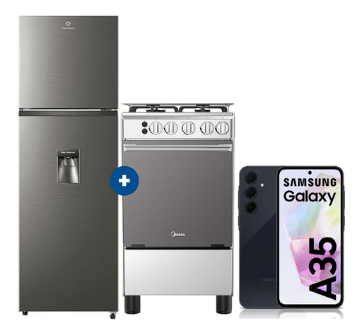 COCINA MIDEA 20" 4 HORNILLAS MGS20FO Silver cubierta inox con instalación + Refrigeradora Indurama 246Lts. Ri-389DI motor Inverter c/dispenser Croma + CELULAR SAMSUNG GALAXY A35 6.6" 6GB RAM 128GB NEGRO.  