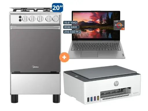 COCINA MIDEA 20" 4 HORNILLAS MGS20FO Silver cubierta inox con instalación + Laptop Lenovo V15 G4 AMN 15.6" FHD, AMD RYZEN 3 - 7320U, 8GB DDR5, 256 GB SSD  Windows 11 Gris. + IMPRESORA HP MULTIFUNCIONAL SMART TANK 580, 3 EN UNO, IMPRIME ESCANEA COPIA, WIFI BLUETOOH - HPST580 - 4507284 - 6