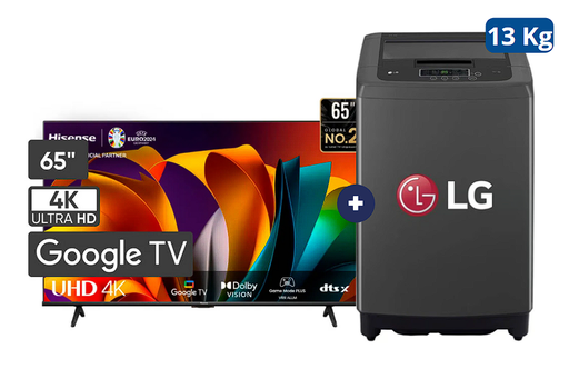 LAVADORA 13 KG Carga superior Smart Inverter Middle Black WT13BPBK Mod 2024 + Televisor HISENSE 65" UHD 4K Smart Google TV 65A6NA Vidaa - C0668