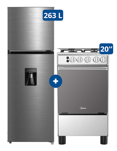 COCINA MIDEA 20" MGS20 4 HORNILLAS HIERRO CON CONEXIÓN + Refrigeradora MIDEA MDRT38 266Lt No frost 2 Pts Silver c/dispenser - 4507097 - 7