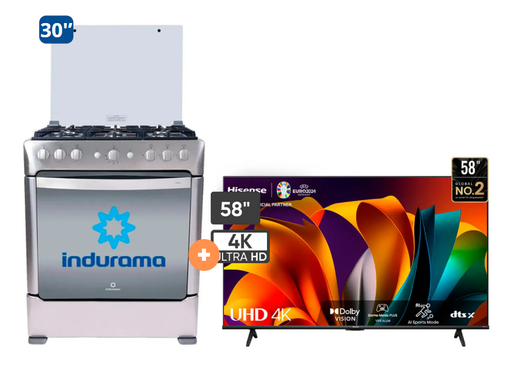 COCINA INDURAMA 30" 6 HORNILLAS PARMA CON CONEXIÓN + Televisor HISENSE 58" Smart 58A6N 4K UHD Vidaa - 4504517