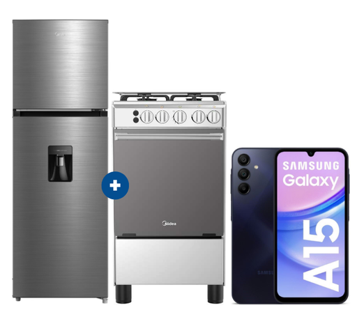 COCINA MIDEA 20" MGS20 4 HORNILLAS HIERRO CON CONEXIÓN + Refrigeradora MIDEA MDRT385MTR46P 266Lt No frost 2 Pts Silver c/dispenser +  CELULAR SAMSUNG GALAXY A15 6.5"  8GB RAM 256GB Negro 5G - 4507283-9