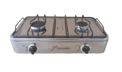 COCINA DE MESA "SUPERIOR" 2 HORNILLAS, ACERO BRILLANTE CON TAPA CON CONEXIÓN GRATIS 