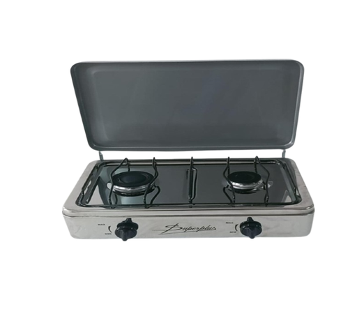 COCINA DE MESA "SUPERIOR" 2 HORNILLAS, ACERO BRILLANTE CON TAPA CON CONEXIÓN GRATIS 