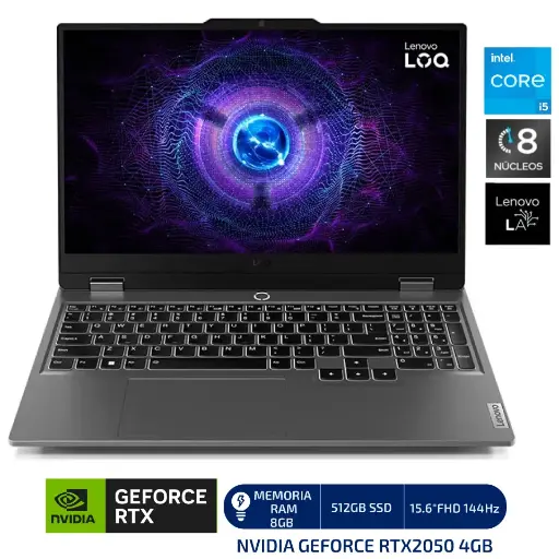 LAPTOP GAMER LENOVO LOQ 15IAX9 INTEL CORE i5 12450HX 8GB RAM 512GB SSD 15.6"FHD NVIDIA GEFORCE RTX2050 4GB TECLADO ESPAÑOL RETROILUMINADO WINDOWS 11 HOME  COLOR LUNA GREY. - LOQ15IAX98G2050 