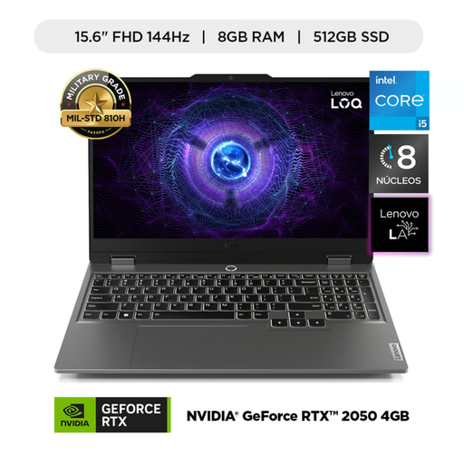 LAPTOP GAMER LENOVO LOQ 15IAX9 INTEL CORE i5 12450HX 8GB RAM 512GB SSD 15.6"FHD NVIDIA GEFORCE RTX2050 4GB TECLADO ESPAÑOL RETROILUMINADO WINDOWS 11 HOME  COLOR LUNA GREY.