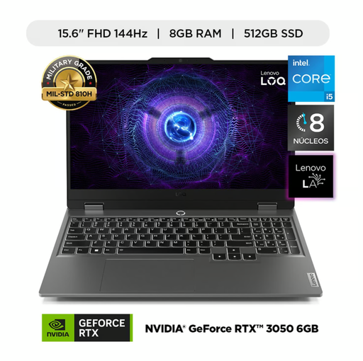 LAPTOP GAMER LENOVO LOQ 15IAX9 INTEL CORE i5 12450HX /8GB /512GB SSD/15.6"FHD/NVIDIA® GeForce RTX™ 3050 6GB/TECLADO ESPAÑOL RETROILUMINADO/WINDOWS 11 HOME, GRIS 