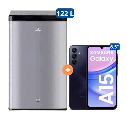 Frigobar Indurama 122Lts Ri-159Cr División con congelador, Rack para latas Croma + Celular Samsung Galaxy A15 Negro de 256 GB 8GB RAM  - C0689